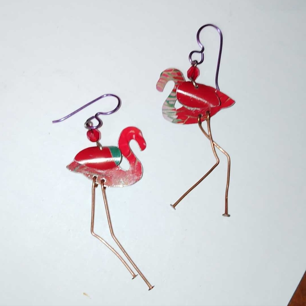 Pink Flamingo Dancing Dangling Pierced Earrings Jointed Crazy Legs
